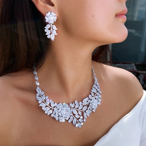 Sparking White Cubic Zirconia Flower Leaf Shape Exaggerating Earrings Necklace Luxury Bridal Wedding Big Jewelry Set for Women Jovera Joyce