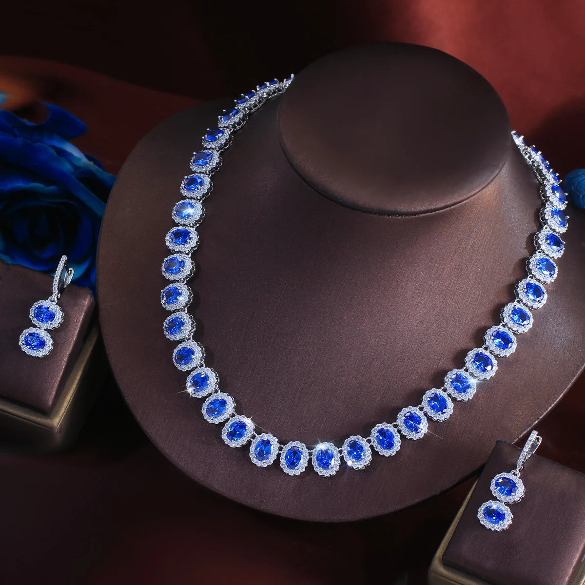 Tanzanite Oval CZ Jewelry Set Necklace Huggie Dangle Earrings Rhodium Plated Cubic Zirconia Bridal Women Wedding Jewelry Set Jovera Joyce