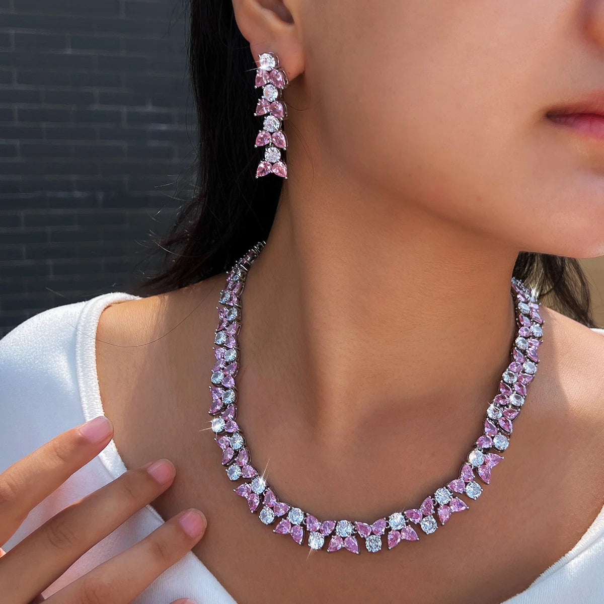 Exquisite Jewelry Set Rhodium Plated Pink White CZ Zircon Necklace Earrings Jewelry Set for Brides Women Unique Designer Party Jovera Joyce