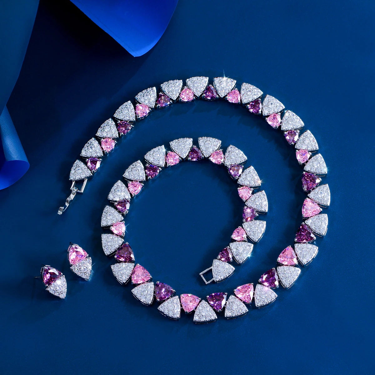 Geometric White Pink Purple Triangle Cubic Zircon Wedding Necklace Earrings 2Pcs Jewelry Set for Women Evening Party Accessory Jovera Joyce