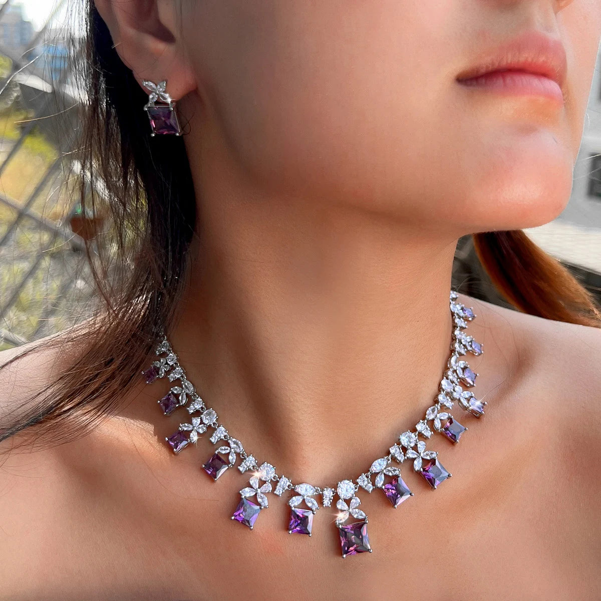 Wholesale Luxurious Designs Square Cubic Zircon Bridal Purple Jewelry Set for Women Anniversary Wedding Party Dress Accessories Jovera Joyce