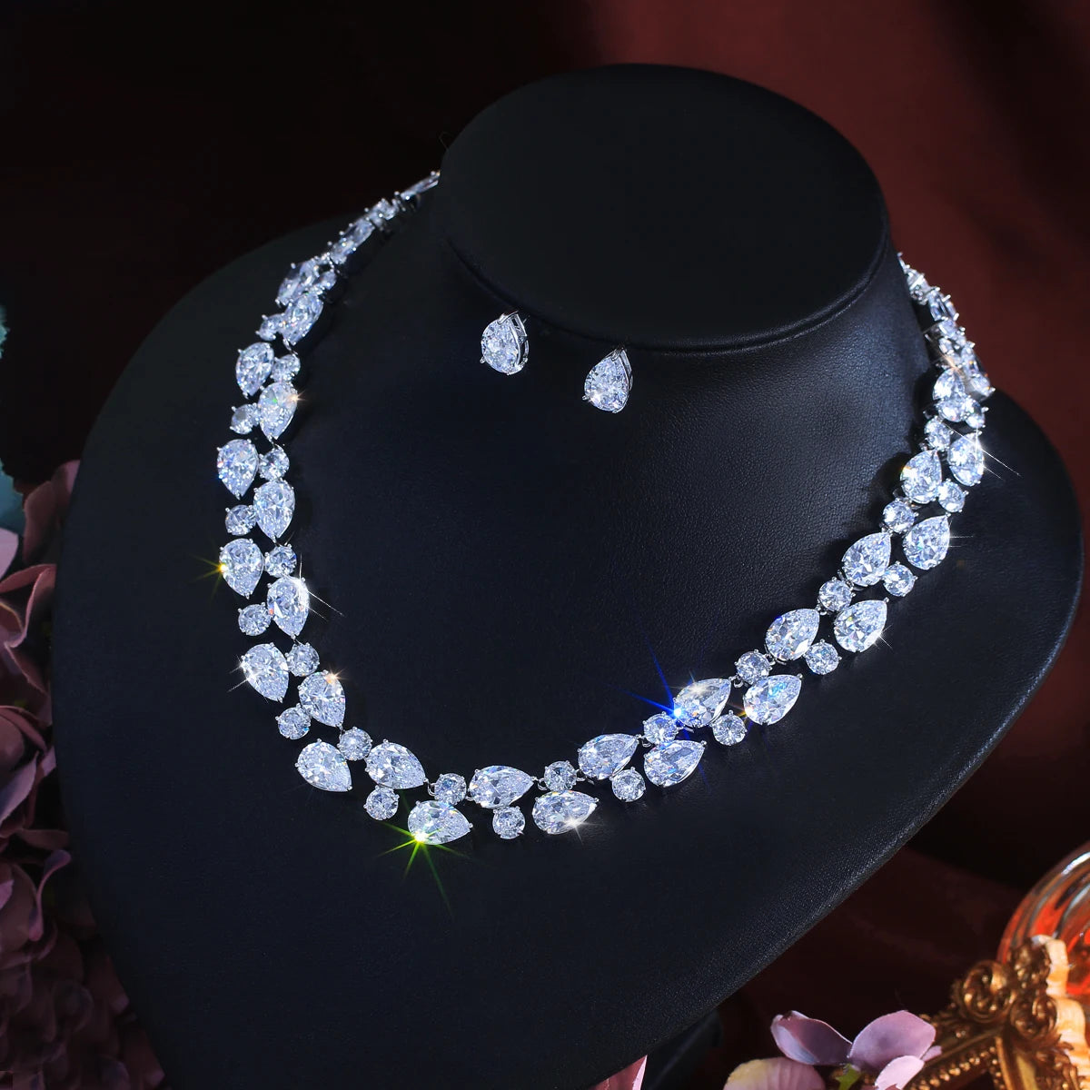 Stunning Rhodium Plated Round Tennis CZ Jewelry Set Cubic Zircon Drop Dangle Necklace Earrings Jewelry Set for Women Engagement Jovera Joyce