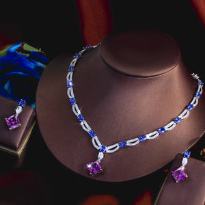 Rhodium Plated CZ Jewelry Set Cubic Zircon Blue Oval Purple Rhombus Dangle Drop Necklace Earrings Jewelry Set for Brides Wedding Jovera Joyce
