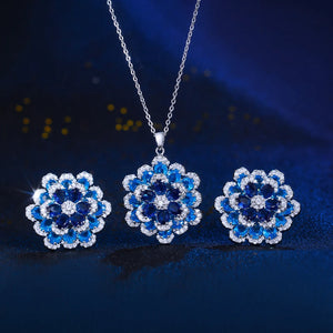 Art Deco Luxury Blue Cubic Zirconia Chunky Flower Shaped Earrings and Pendant Necklace Women Party Jewelry Sets Jovera Joyce