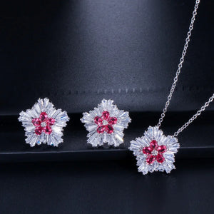 Ladies Fashion Jewelry 3a Cubic Zirconia Snow Flower Pendant Necklace and Stud Earrings Sets for Women Gift Jovera Joyce