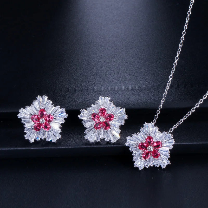 Ladies Fashion Jewelry 3a Cubic Zirconia Snow Flower Pendant Necklace and Stud Earrings Sets for Women Gift Jovera Joyce