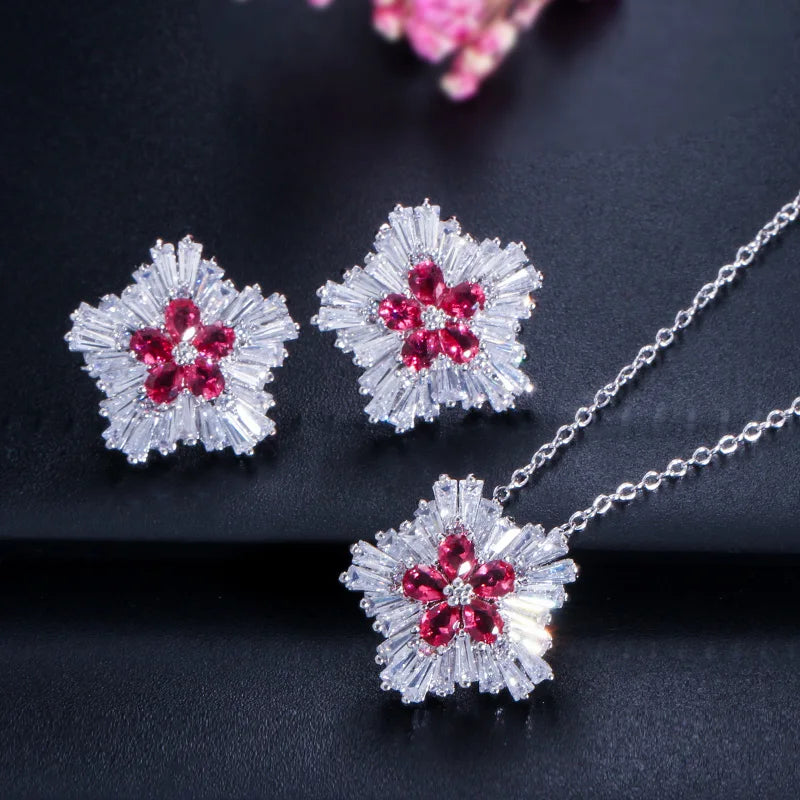 Ladies Fashion Jewelry 3a Cubic Zirconia Snow Flower Pendant Necklace and Stud Earrings Sets for Women Gift Jovera Joyce