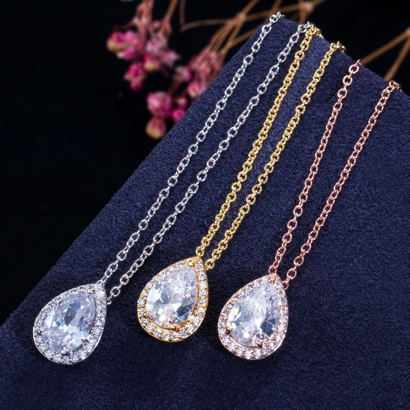 Tear Drop Design Simple Fashion Sparking Pear Cut Cubic Zircon Pendant Necklace and Earrings Jewelry Sets for Women Girl Gifts Jovera Joyce