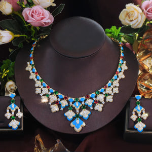 Gorgeous Mediterranean Style Blue Enamel Green CZ Necklace and Earrings Sets Vintage Luxury Jewelry Set for Banquets Vacations Jovera Joyce