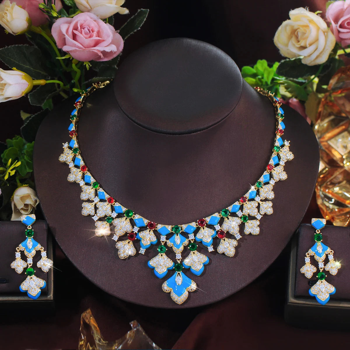 Gorgeous Mediterranean Style Blue Enamel Green CZ Necklace and Earrings Sets Vintage Luxury Jewelry Set for Banquets Vacations Jovera Joyce