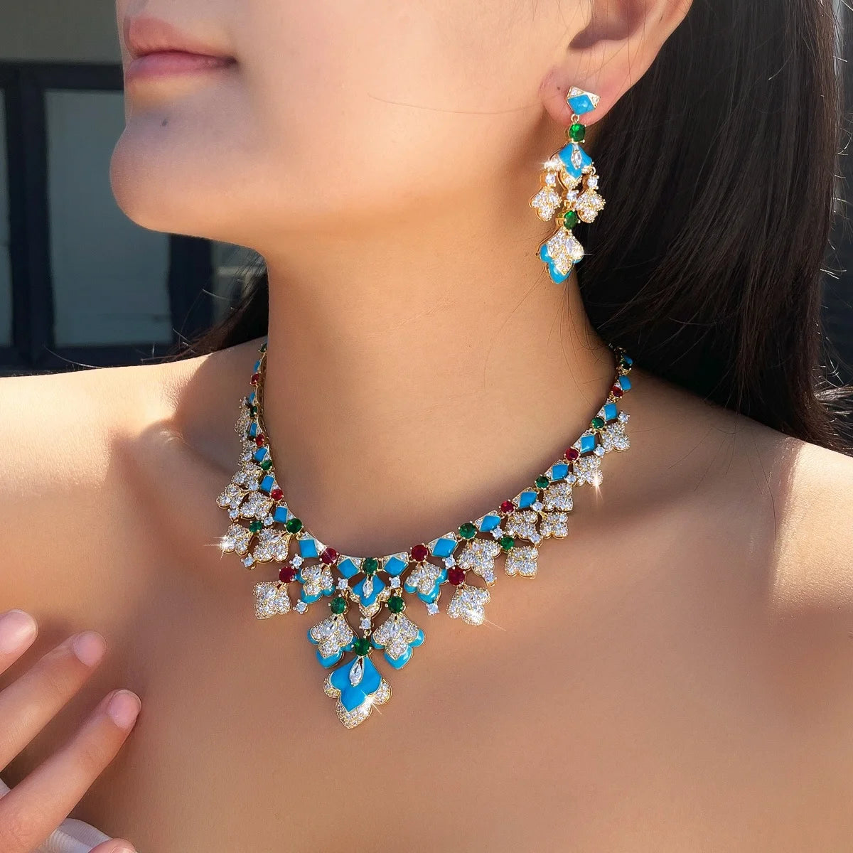 Gorgeous Mediterranean Style Blue Enamel Green CZ Necklace and Earrings Sets Vintage Luxury Jewelry Set for Banquets Vacations Jovera Joyce