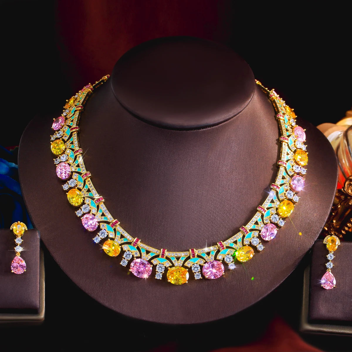 Trendy Necklace Earrings Yellow Pink CZ Oval Green Enamel Necklace Earrings for Women Party With Golden Plated Jewelry Set Jovera Joyce