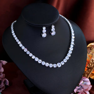 Super Glittering Round Cubic Zirconia Tennis Necklace and Earrings Jewelry Set for Women Wedding Bridal Party Engagement Banquet Jovera Joyce