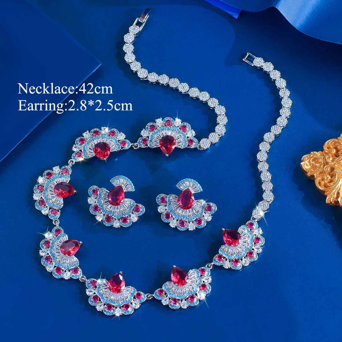 Beauty Jewelry Set Rhodium Plated Rose Red Turquoise CZ Dress Drop Tennis Jewelry Set for Women Brides Lady Costume Accessories Jovera Joyce