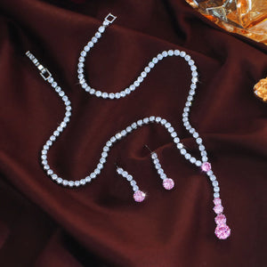 Charming CZ Jewelry Set Long Round Tennis Brilliant Cut Pink Zircon Necklace Earring Rhodium Plated CZ Women Wedding Jewelry Set Jovera Joyce