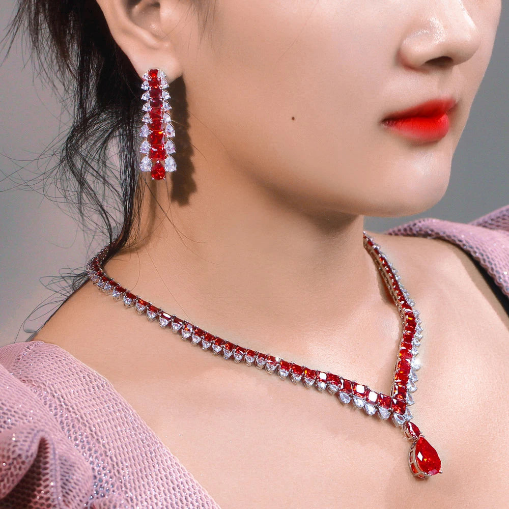 Luxury White Red Water Drop Zirconia Long Dangle Earrings and Necklace Bridal Wedding Party Jewelry Set for Women Jovera Joyce