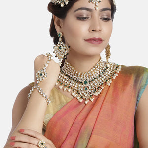 Vintage Copper Gold Plated Pearl Ethnic Bridal Shadow Choker Necklace Set Earrings Maang Tikka Wedding Engagement Anniversary Jovera Joyce
