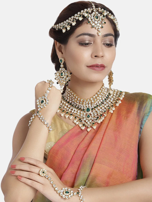 Vintage Copper Gold Plated Pearl Ethnic Bridal Shadow Choker Necklace Set Earrings Maang Tikka Wedding Engagement Anniversary Jovera Joyce
