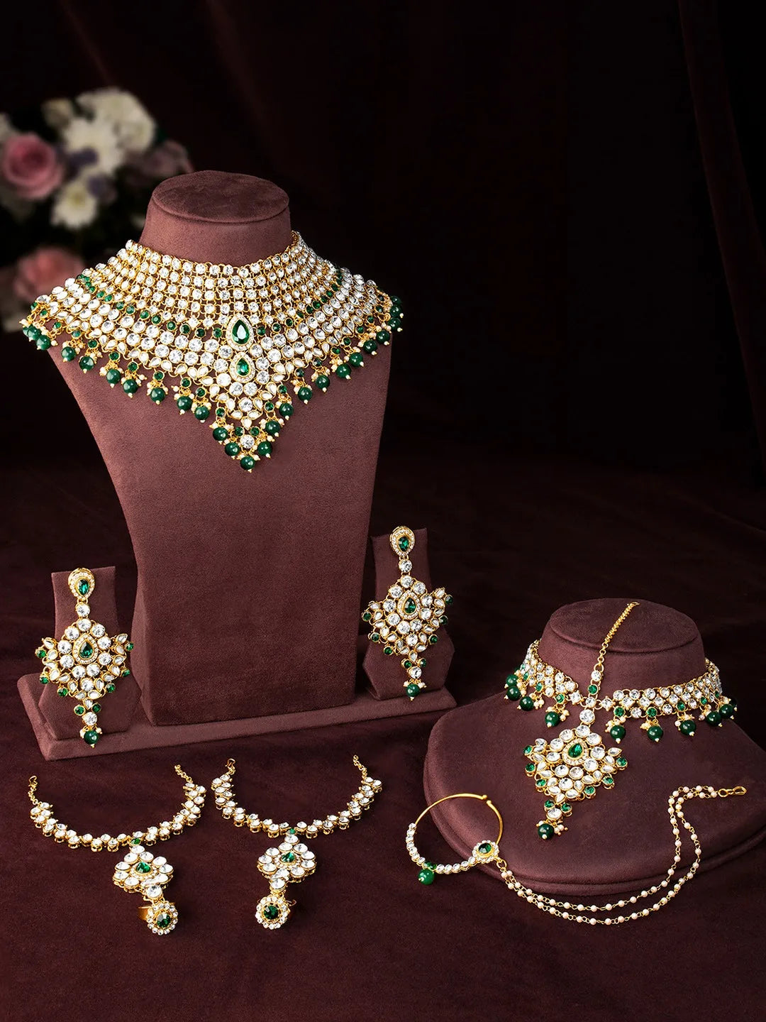 Vintage Copper Gold Plated Pearl Ethnic Bridal Shadow Choker Necklace Set Earrings Maang Tikka Wedding Engagement Anniversary Jovera Joyce