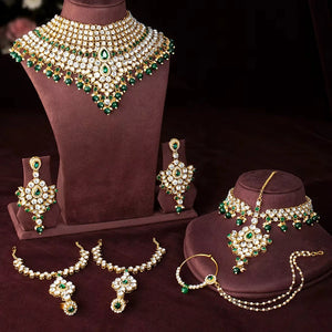 Vintage Copper Gold Plated Pearl Ethnic Bridal Shadow Choker Necklace Set Earrings Maang Tikka Wedding Engagement Anniversary Jovera Joyce