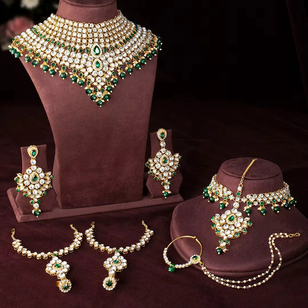 Vintage Copper Gold Plated Pearl Ethnic Bridal Shadow Choker Necklace Set Earrings Maang Tikka Wedding Engagement Anniversary Jovera Joyce