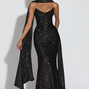 European And American-style Shimmering Strapless Waist-cinching Maxi Evening Gown With Crisscross Detailing Jovera Joyce