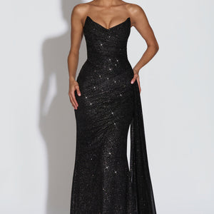 European And American-style Shimmering Strapless Waist-cinching Maxi Evening Gown With Crisscross Detailing Jovera Joyce