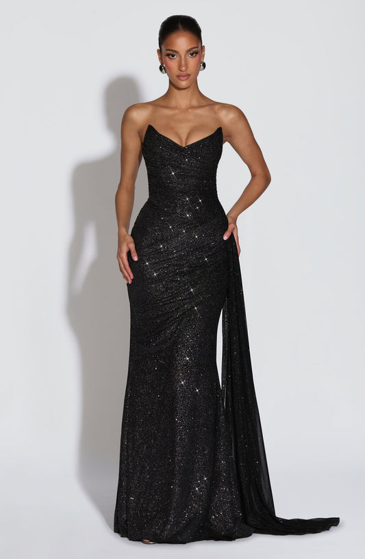 European And American-style Shimmering Strapless Waist-cinching Maxi Evening Gown With Crisscross Detailing Jovera Joyce