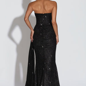 European And American-style Shimmering Strapless Waist-cinching Maxi Evening Gown With Crisscross Detailing Jovera Joyce