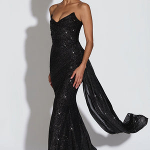 European And American-style Shimmering Strapless Waist-cinching Maxi Evening Gown With Crisscross Detailing Jovera Joyce