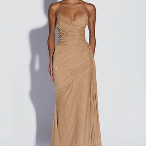 European And American-style Shimmering Strapless Waist-cinching Maxi Evening Gown With Crisscross Detailing Jovera Joyce