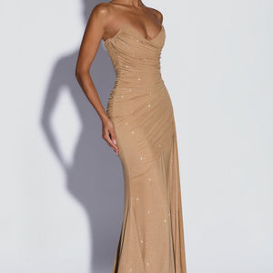 European And American-style Shimmering Strapless Waist-cinching Maxi Evening Gown With Crisscross Detailing Jovera Joyce