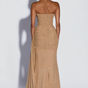 European And American-style Shimmering Strapless Waist-cinching Maxi Evening Gown With Crisscross Detailing Jovera Joyce