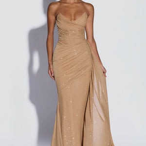 European And American-style Shimmering Strapless Waist-cinching Maxi Evening Gown With Crisscross Detailing Jovera Joyce