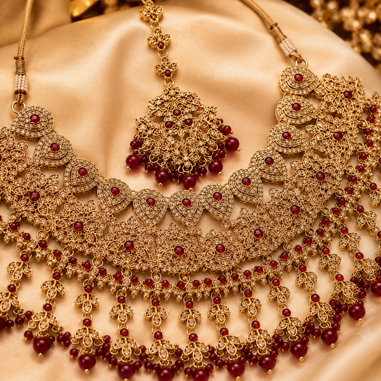 New High Quality Latest Designed Ethnic Bridal Brass Gold-Plated Rhodium Plated Maang Tikka Necklace Earrings Set Green Gift Jovera Joyce