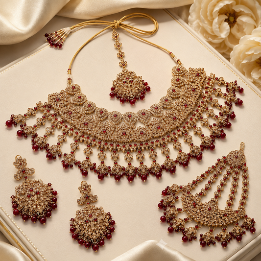 New High Quality Latest Designed Ethnic Bridal Brass Gold-Plated Rhodium Plated Maang Tikka Necklace Earrings Set Green Gift Jovera Joyce
