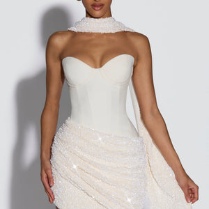 Asymmetrical Pleated Draped Mini Dress With A Neck-tie Ribbon Jovera Joyce