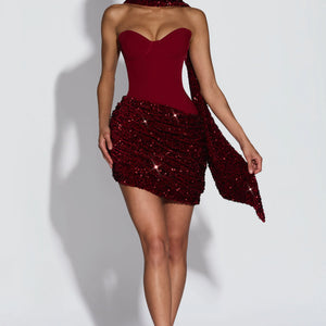 Asymmetrical Pleated Draped Mini Dress With A Neck-tie Ribbon Jovera Joyce
