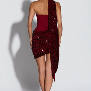 Asymmetrical Pleated Draped Mini Dress With A Neck-tie Ribbon Jovera Joyce