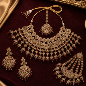 New High Quality Latest Designed Ethnic Bridal Brass Gold-Plated Rhodium Plated Maang Tikka Necklace Earrings Set Green Gift Jovera Joyce