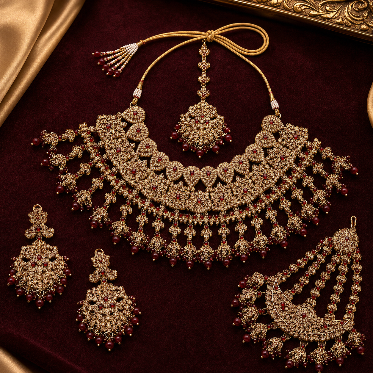New High Quality Latest Designed Ethnic Bridal Brass Gold-Plated Rhodium Plated Maang Tikka Necklace Earrings Set Green Gift Jovera Joyce
