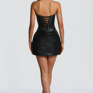 New Solid Color Sexy PU Pinch Pleated Fishbone Tube Top A- Line Dress Jovera Joyce