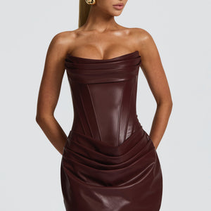 New Solid Color Sexy PU Pinch Pleated Fishbone Tube Top A- Line Dress Jovera Joyce