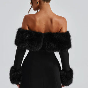 Women's Off-shoulder Fur Collar A- Line Short Dress Jovera Joyce