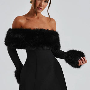 Women's Off-shoulder Fur Collar A- Line Short Dress Jovera Joyce