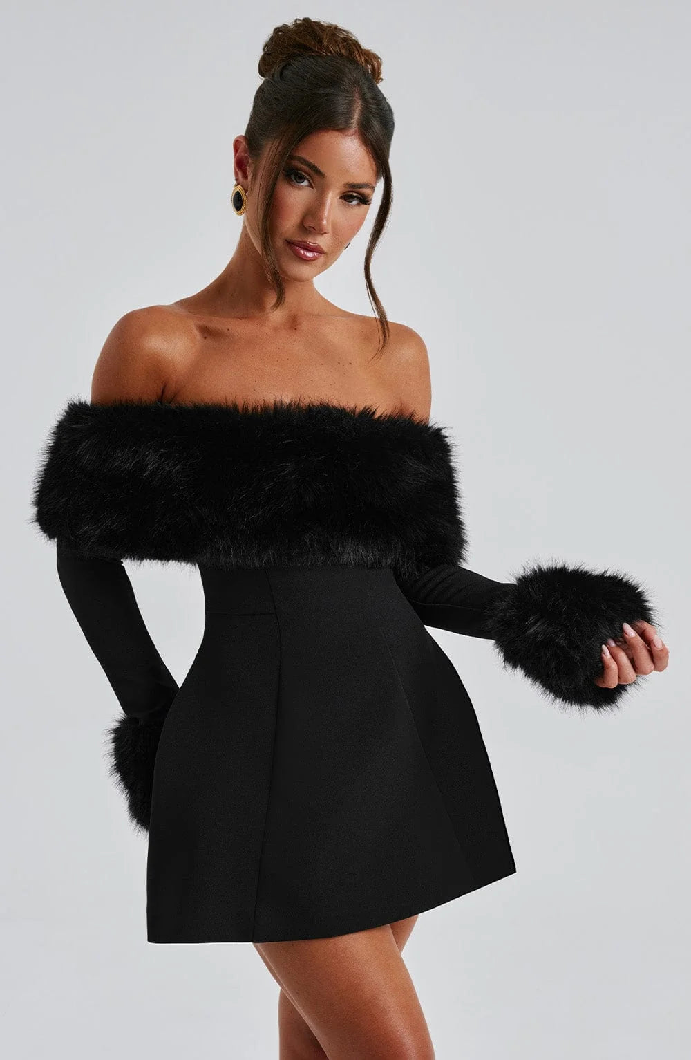 Women's Off-shoulder Fur Collar A- Line Short Dress Jovera Joyce