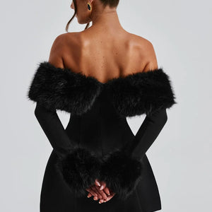 Women's Off-shoulder Fur Collar A- Line Short Dress Jovera Joyce