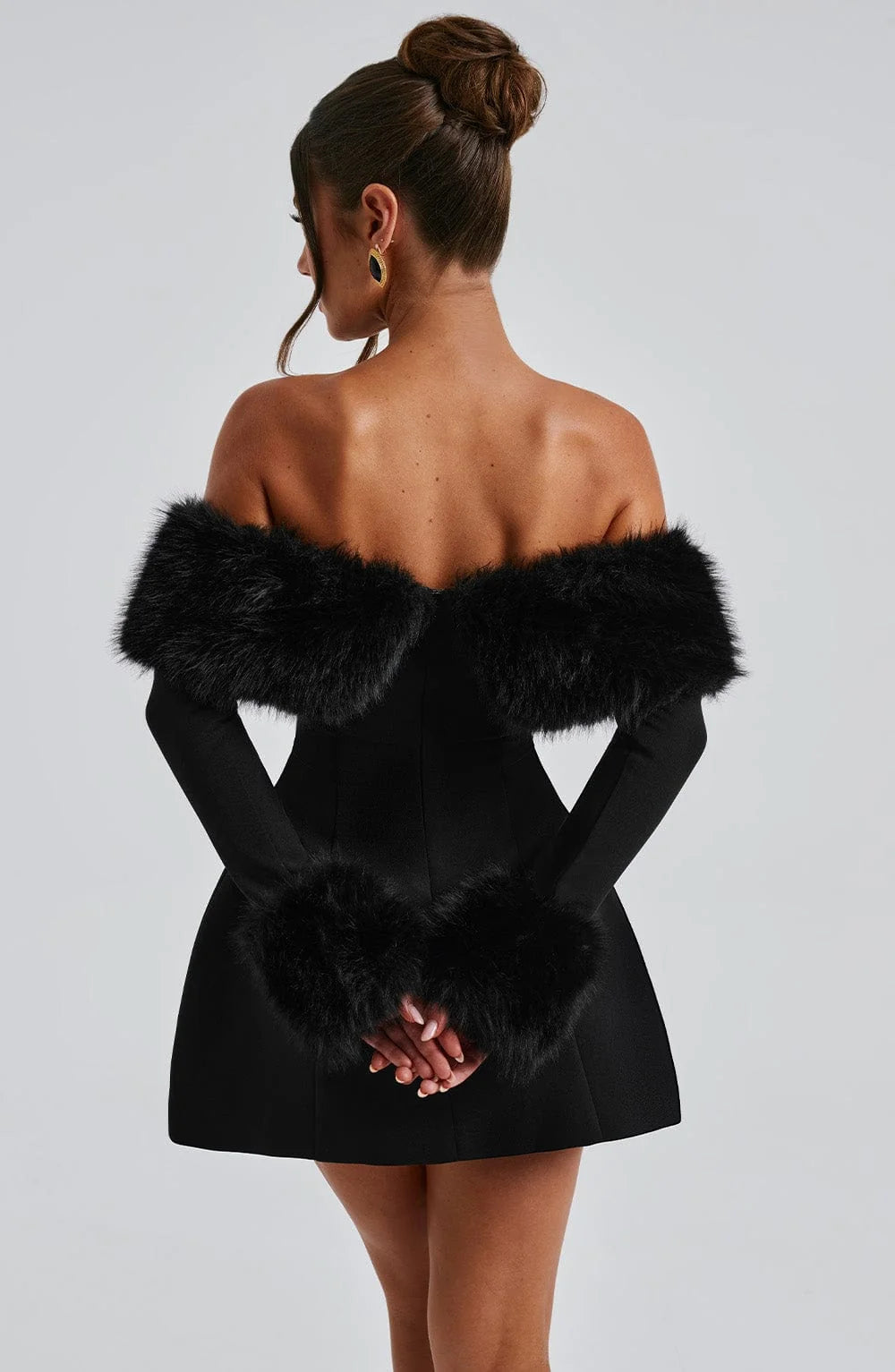 Women's Off-shoulder Fur Collar A- Line Short Dress Jovera Joyce