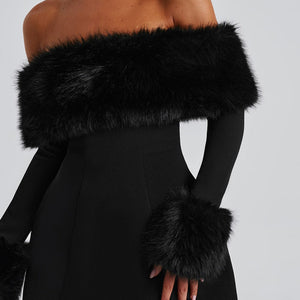 Women's Off-shoulder Fur Collar A- Line Short Dress Jovera Joyce