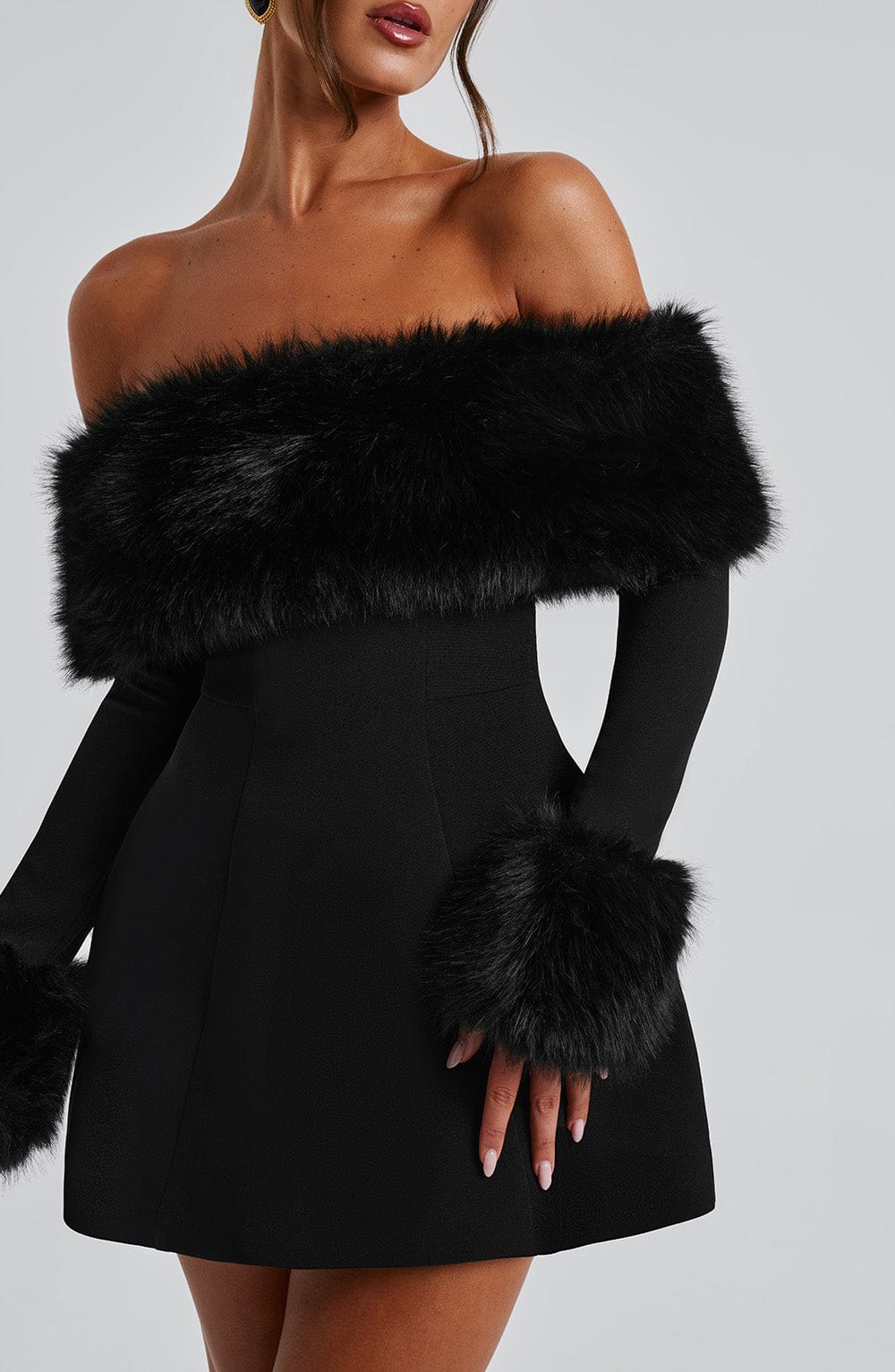 Women's Off-shoulder Fur Collar A- Line Short Dress Jovera Joyce